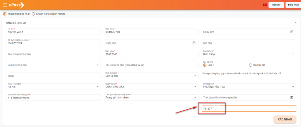 Nhập mã OTP xác nhận