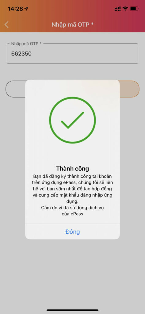 Màn hình hiển thị thông báo thành công