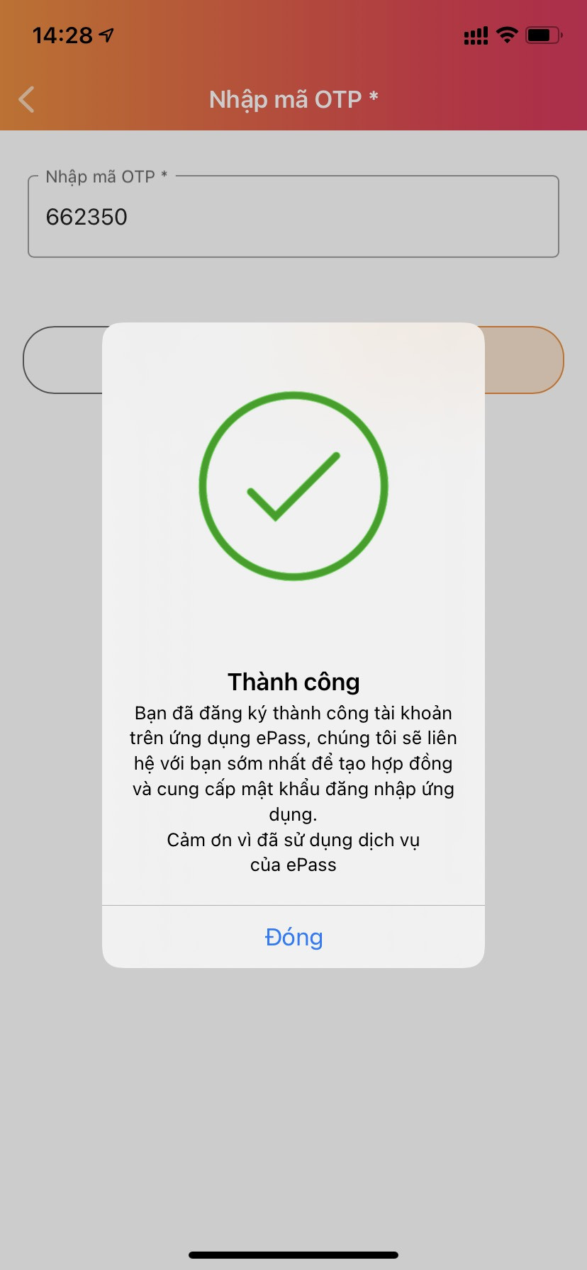 Hệ thống thông báo việc đăng ký làm thẻ thành công