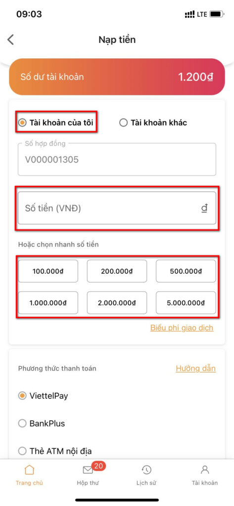 Nhập số tiền cần nạp