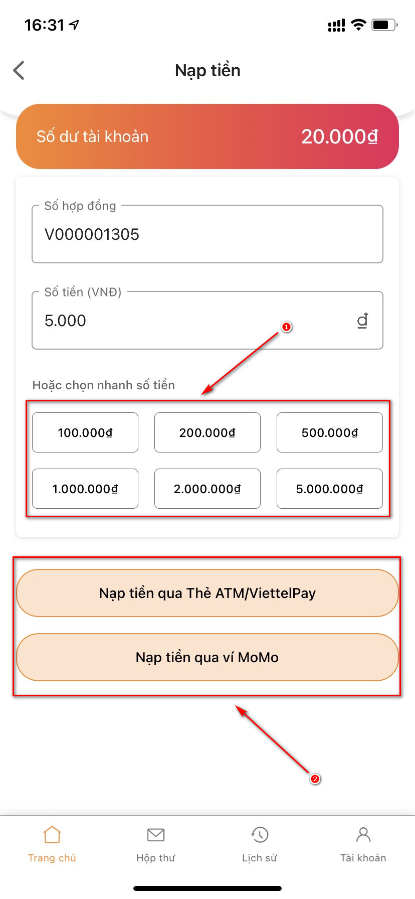 Nhấn vào mục Nạp tiền