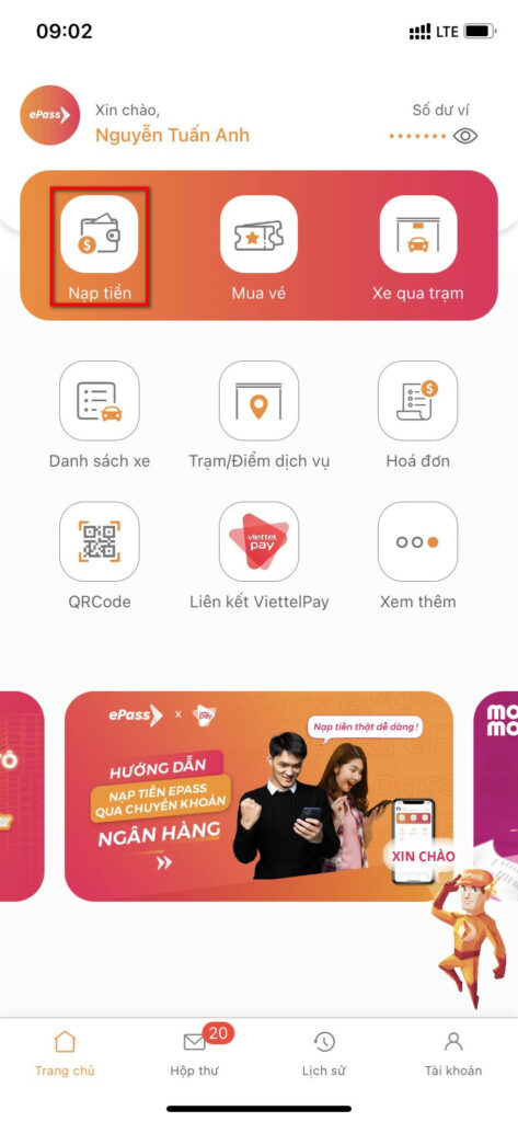 Đăng nhập vào app chọn nạp tiền