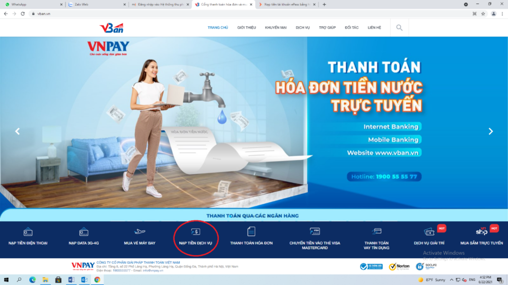 Vào mục nạp tiền dịch vụ