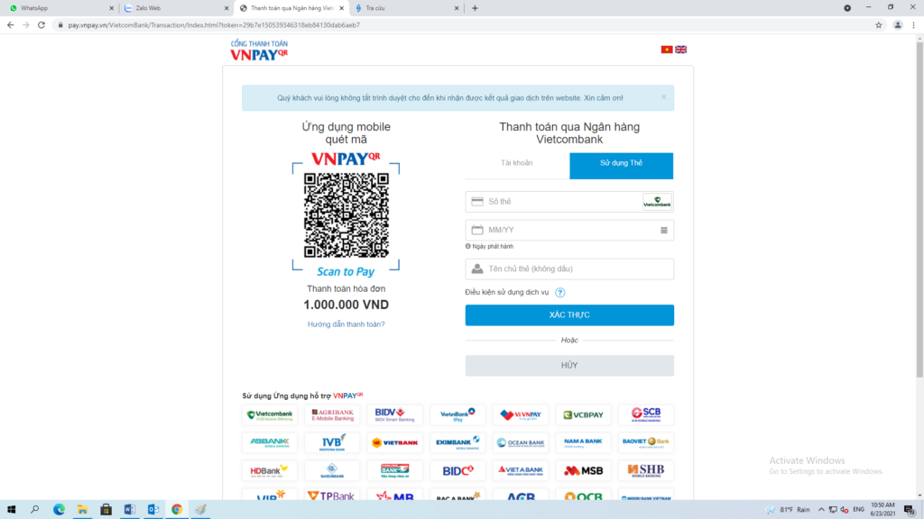 Thanh toán qua hình thức thẻ ATM