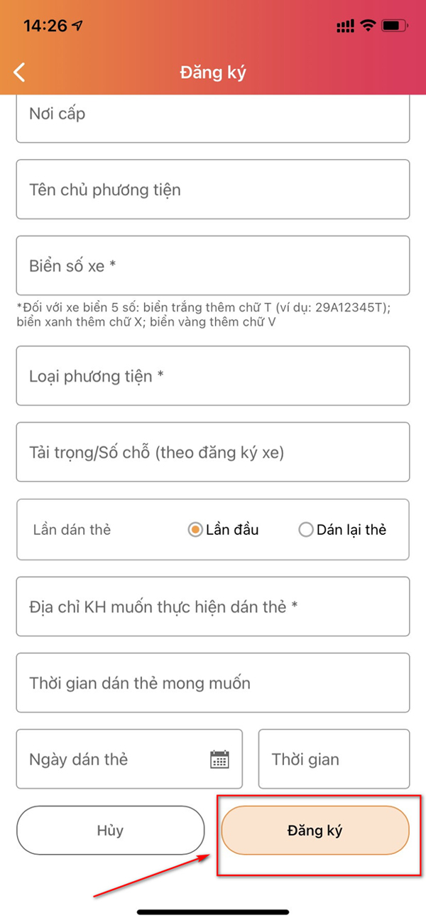 Nhập các thông tin bắt buộc rồi ấn Đăng ký