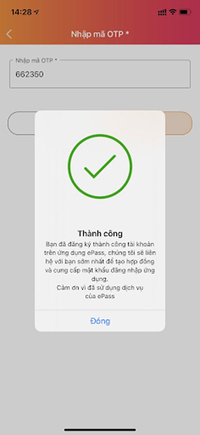 Quá trình đăng ký dán thẻ online trên app ePass hoàn tất