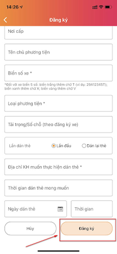 Điền các thông tin vào ô trống rồi ấn Đăng ký