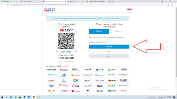 Nếu thanh toán qua ngân hàng, chọn tab Tài khoản rồi ấn Tiếp tục và làm theo hướng dẫn