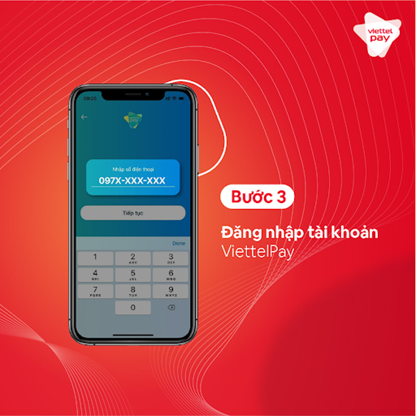 Nhập số điện thoại rồi nhấn Tiếp tục để đăng nhập vào tài khoản Viettel Pay