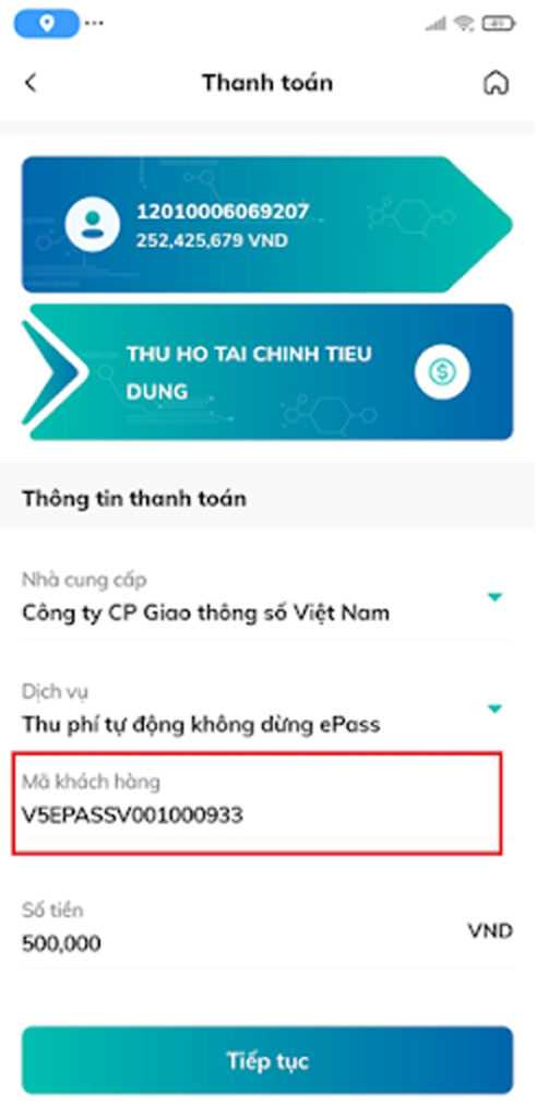 Điền/ chọn nhà cung cấp, dịch vụ, mã khách hàng theo số tài khoản giao thông, số tiền rồi ấn Tiếp tục