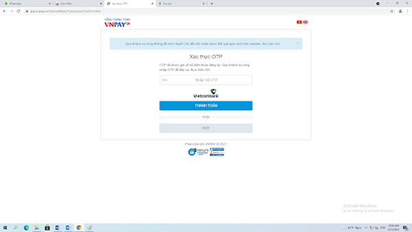 Điền mã OTP rồi ấn Thanh toán