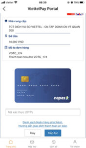 Điền mã OTP vào ô rồi ấn Tiếp tục