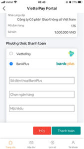 Điền số thẻ, tên chủ thẻ, tháng hiệu lực, năm hiệu lực rồi ấn Thanh toán