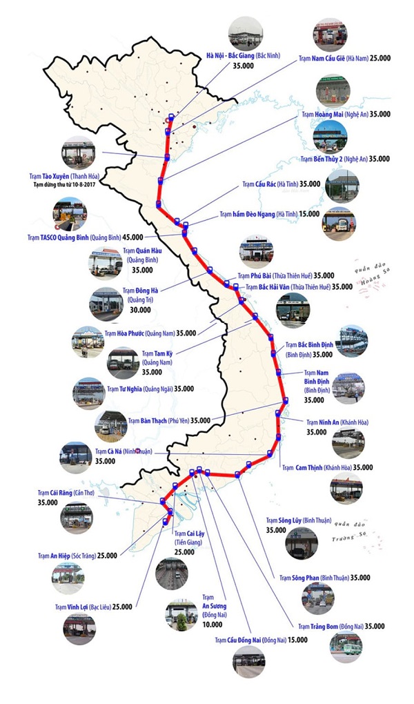 Giá vé cho xe ô tô dưới 12 chỗ tại các trạm thu phí trên Quốc lộ 1