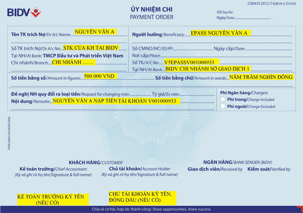 Khách hàng điền thông tin vào Ủy nhiệm chi để chuyển tiền vào tài khoản ePass thông qua tài khoản giao thông