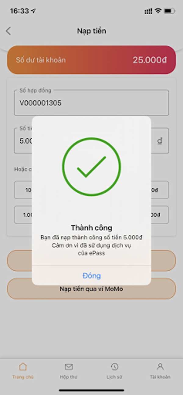 Hệ thống thông báo việc đăng ký thành công