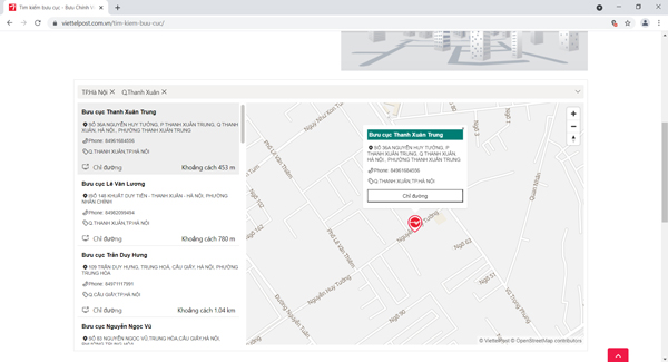 Bấm vào bưu cục muốn đến để hiển thị thông tin rõ ràng trên bản đồ