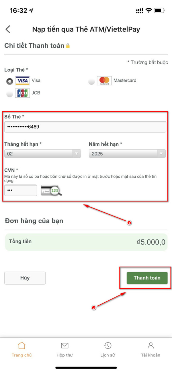 Nhập/ chọn loại thẻ, số thẻ, tháng hết hạn, năm hết hạn -> nhấn Thanh toán
