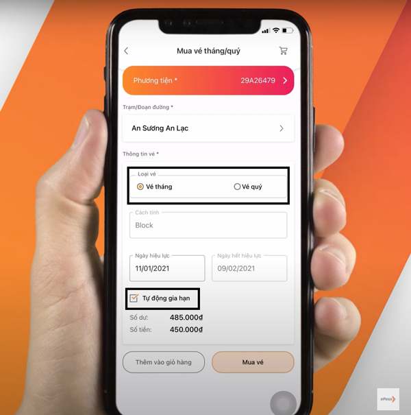 Chọn loại vé, tích tự động gia hạn (nếu muốn tự động gia hạn thanh toán vé) -> ấn Mua vé