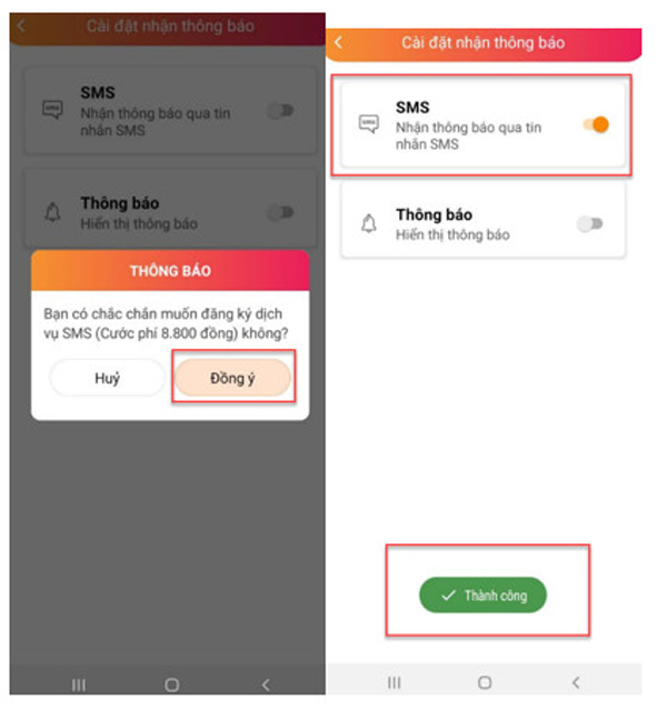 Ấn chọn Đồng ý -> nút SMS sáng và hệ thống thông báo Thành công