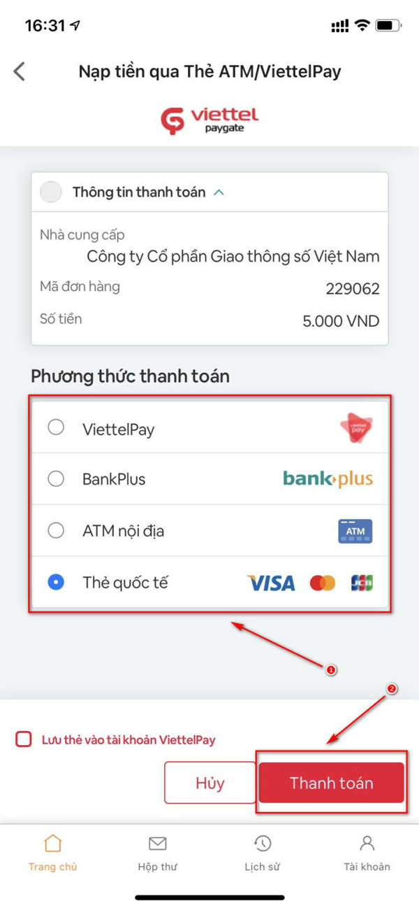 Chọn Thẻ quốc tế -> nhấn Thanh toán