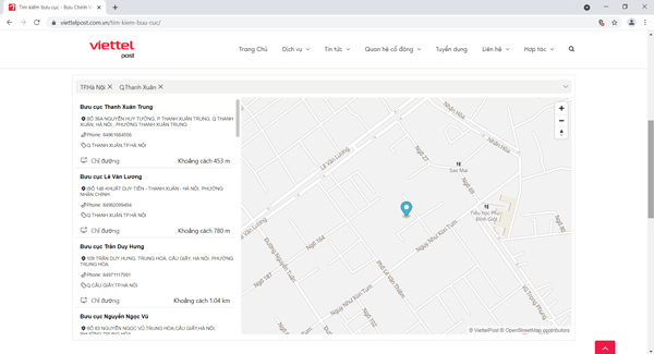 Điền quận và thành phố Hà Nội vào ô tìm kiếm để hiển thị các bưu cục có liên quan