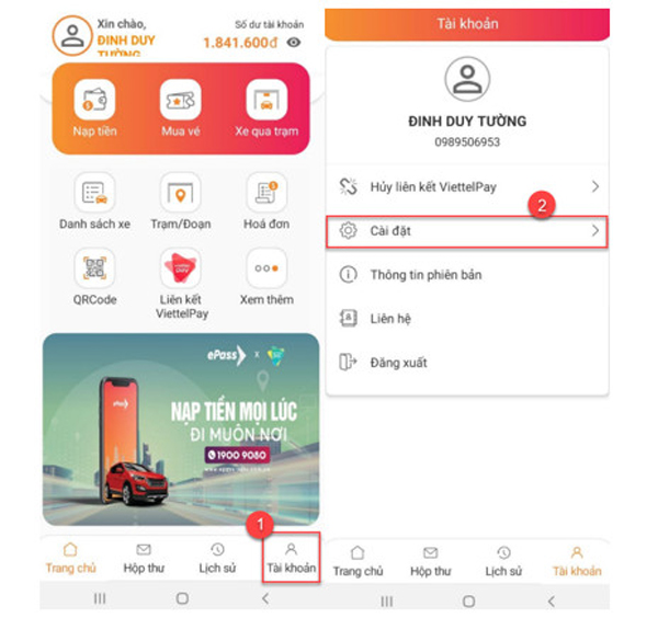 Ấn vào mục Tài khoản -> chọn Cài đặt