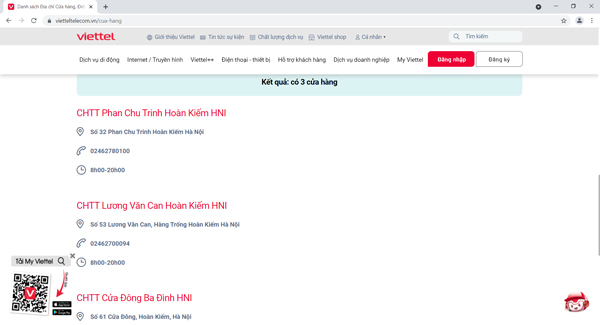 Thông tin các cửa hàng Viettel Store tại Hà Nội được hiển thị